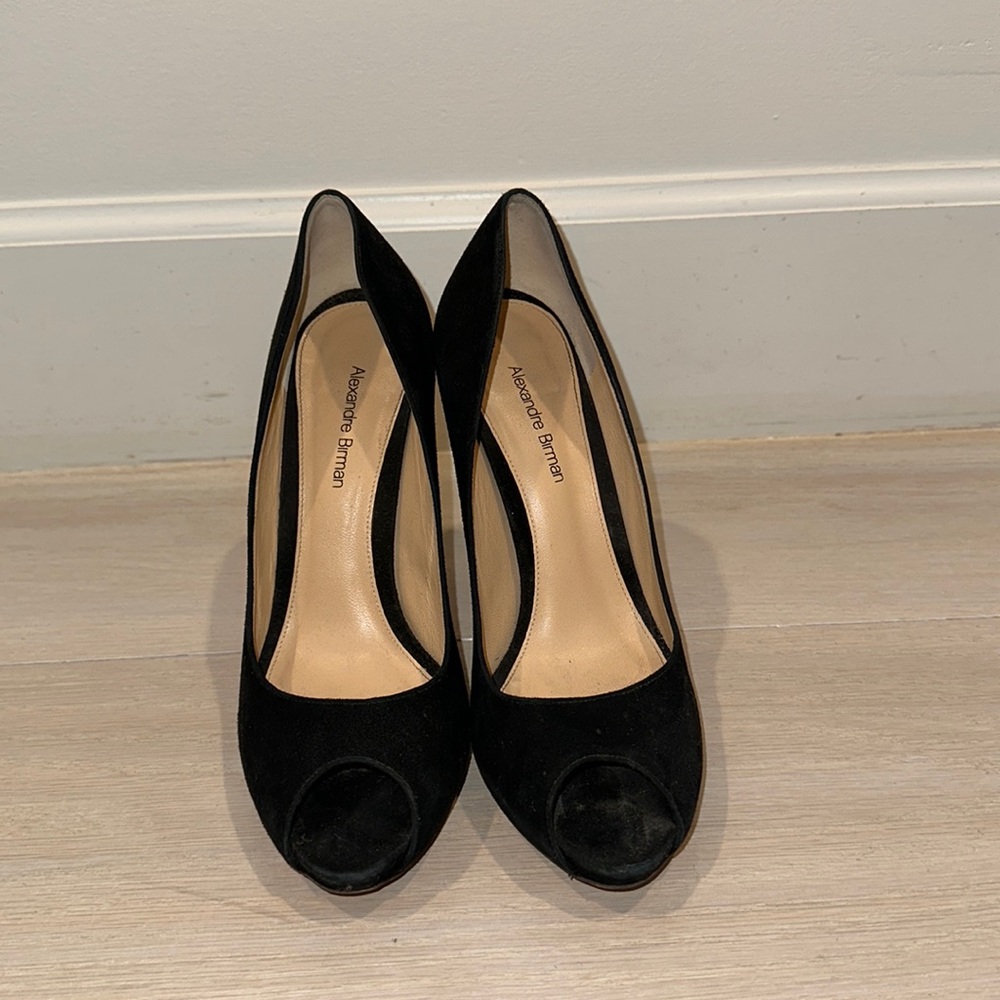 Open toe black suede and snakeskin Alexandre Birman heels